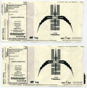 Билеты на открытие турне U2. Бывшие в употреблении, не для вторичного пользования.